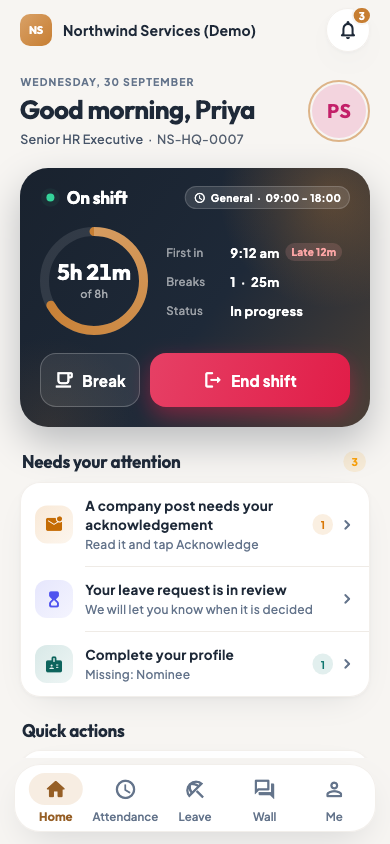 The home screen with today's shift