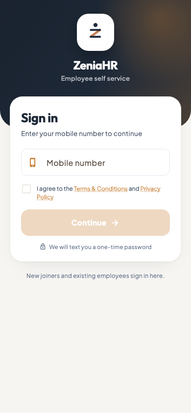 The Sign in screen of the employee app