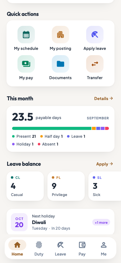 The lower part of the home screen with quick actions, this month and leave balance