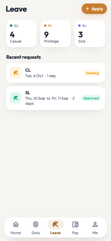 The Leave tab with balances and recent requests