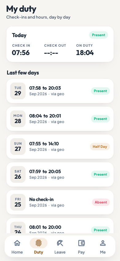 The Duty tab of the employee app with check-ins day by day