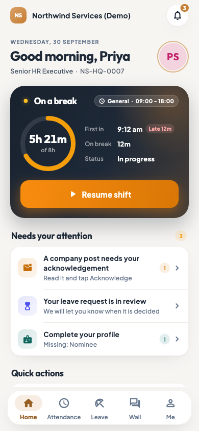 The employee app home screen during a break