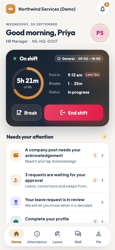 The app home of a manager with requests waiting for approval