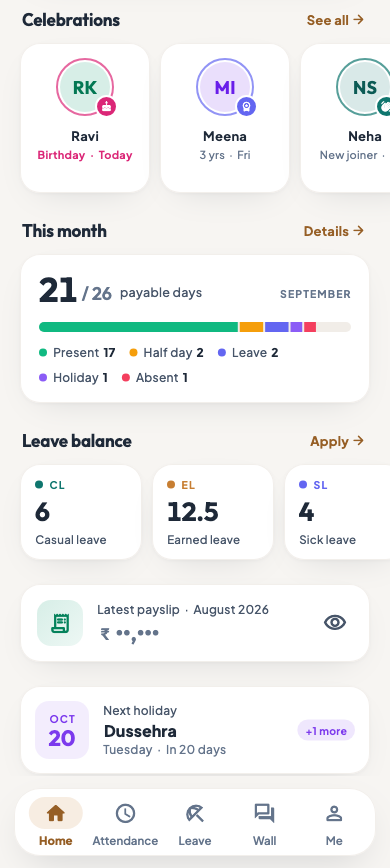 The Celebrations card on the employee app's home