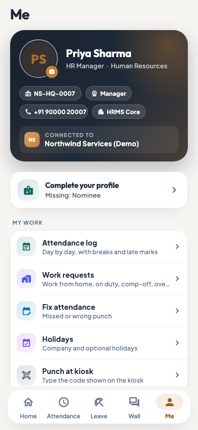 The employee app's Me tab, connected to the company