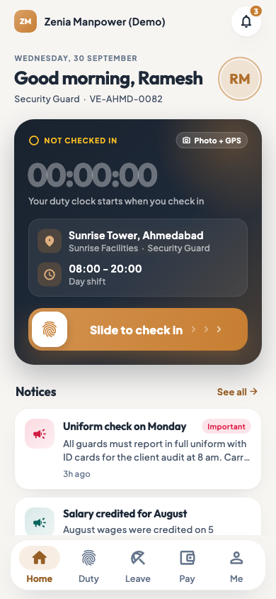 The employee app home screen with today's site, client and role