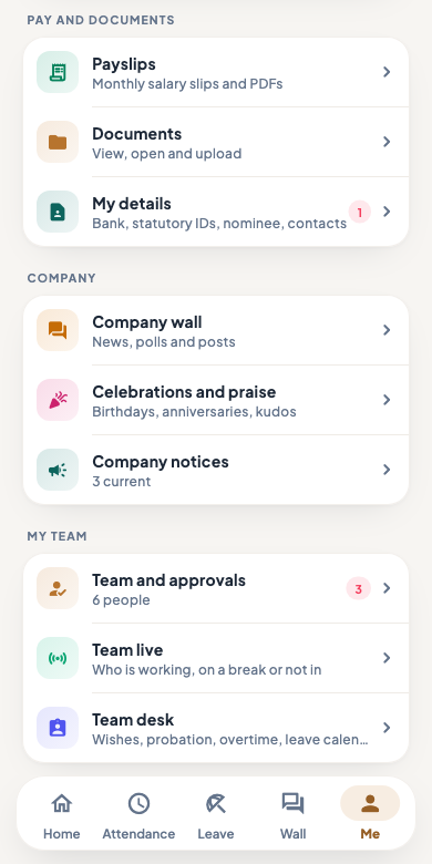 The employee app's Me tab, with Documents under Pay and documents