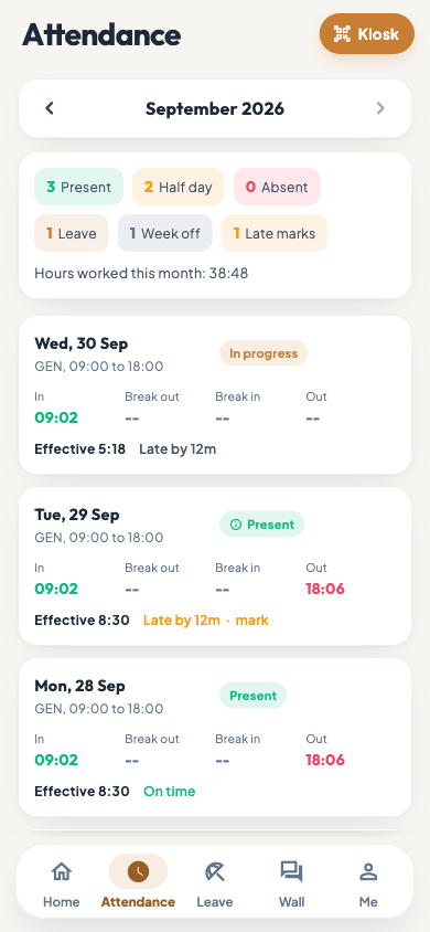 The Attendance tab of the employee app with the Kiosk button