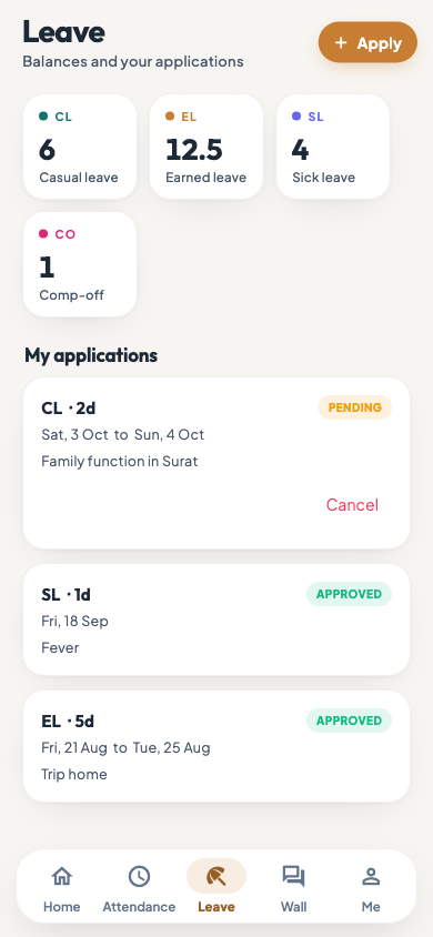 The Leave tab of the employee app with balances and applications