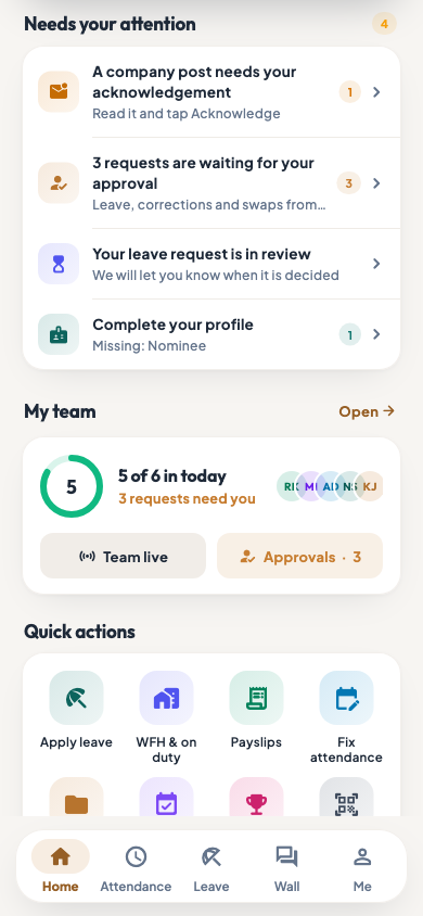 The employee app home with the My team card