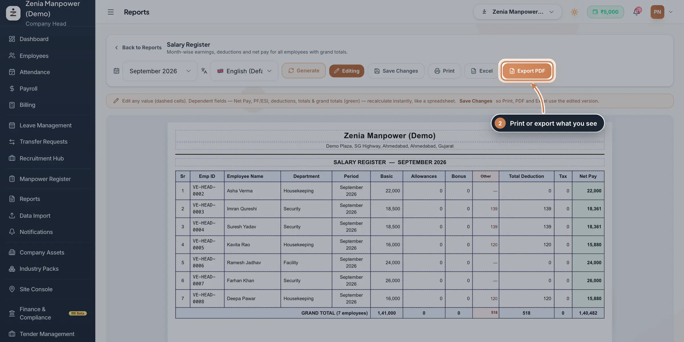 The Salary Register for September with Export PDF