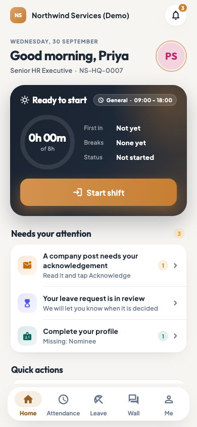 The employee app home screen with today's shift