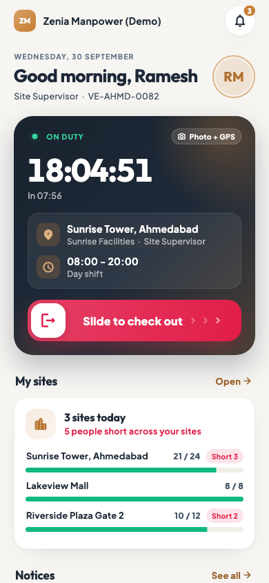 A supervisor's sites on the employee app home screen