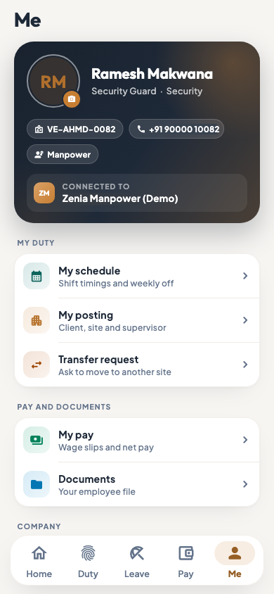 The Me tab of the employee app with Transfer request
