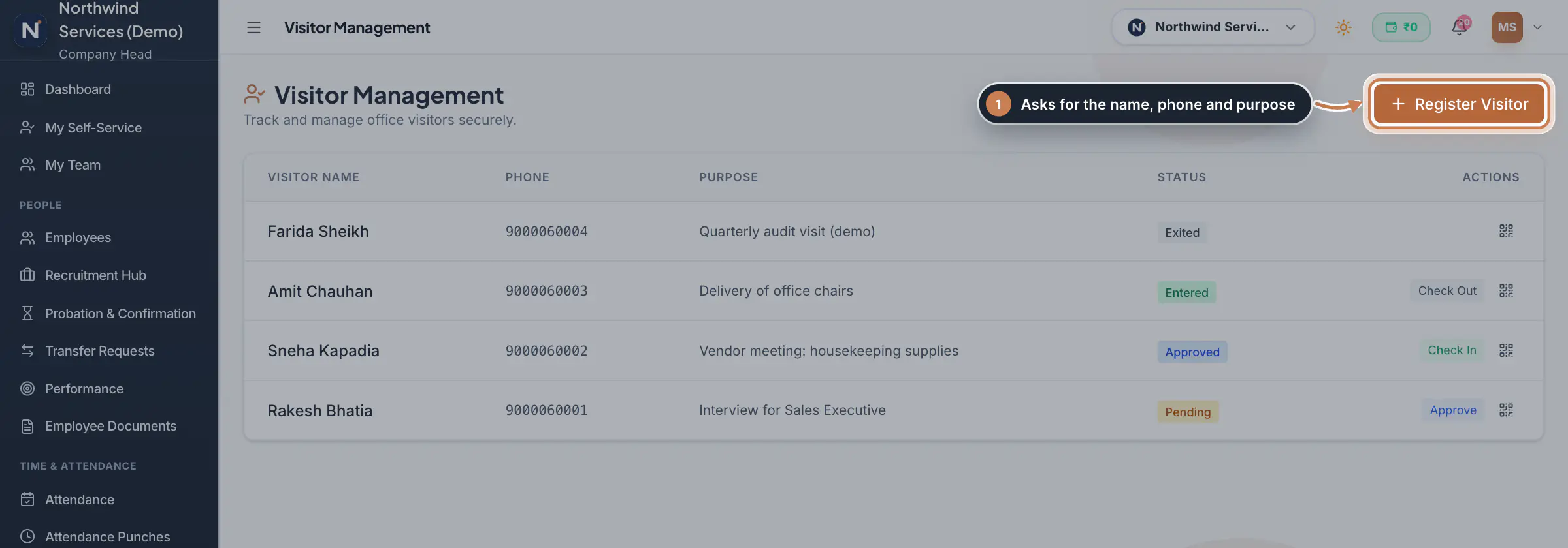The visitor log with the Register Visitor button