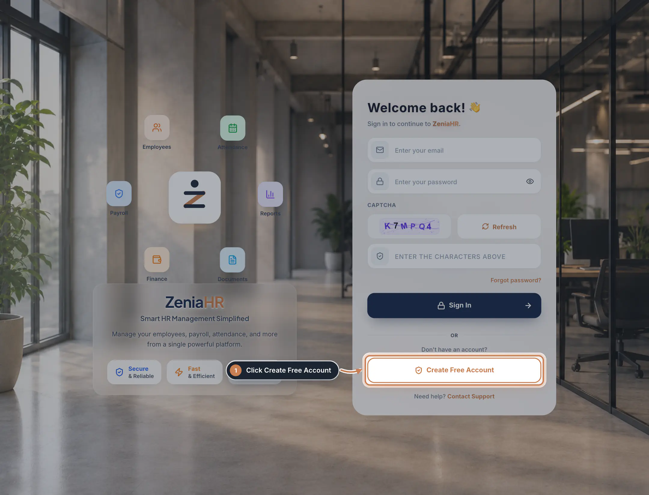 The ZeniaHR sign-in page with the Create Free Account button