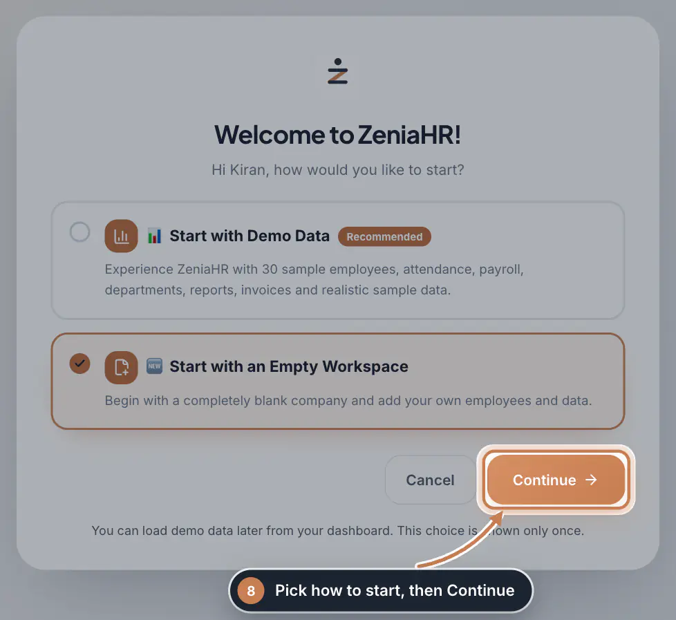 The first sign-in welcome with two ways to start