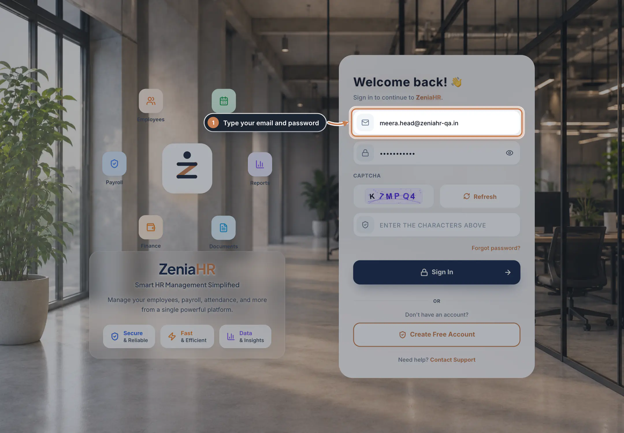 The sign-in page with the email and password filled in